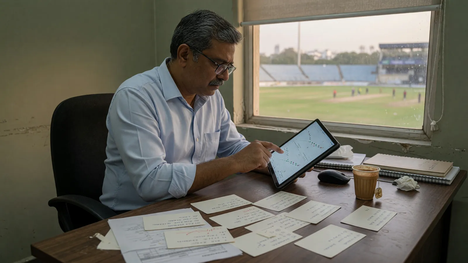 Editorial photograph of a printed paper bonus terms sheet on a desk with a pencil resting beside it