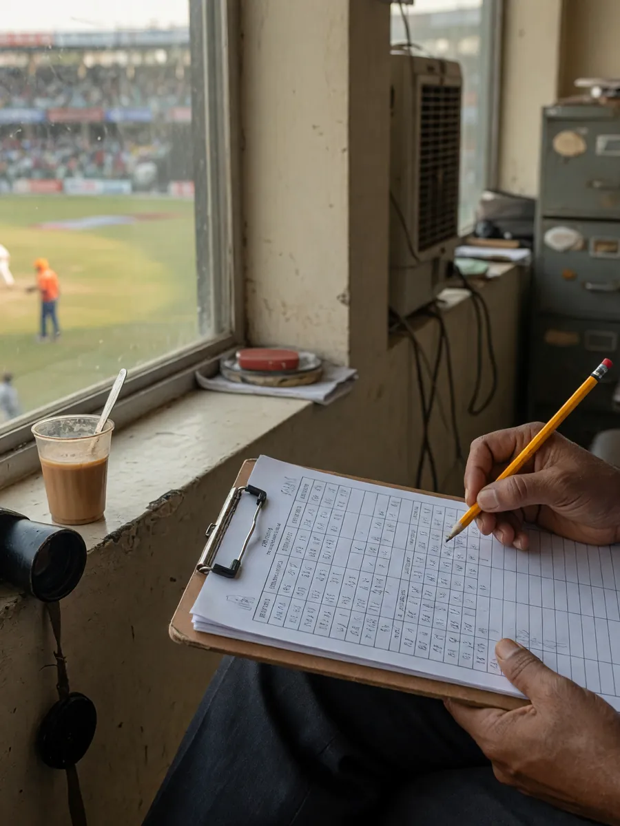 Editorial photograph of an analyst doing bonus value calculation on a printed table