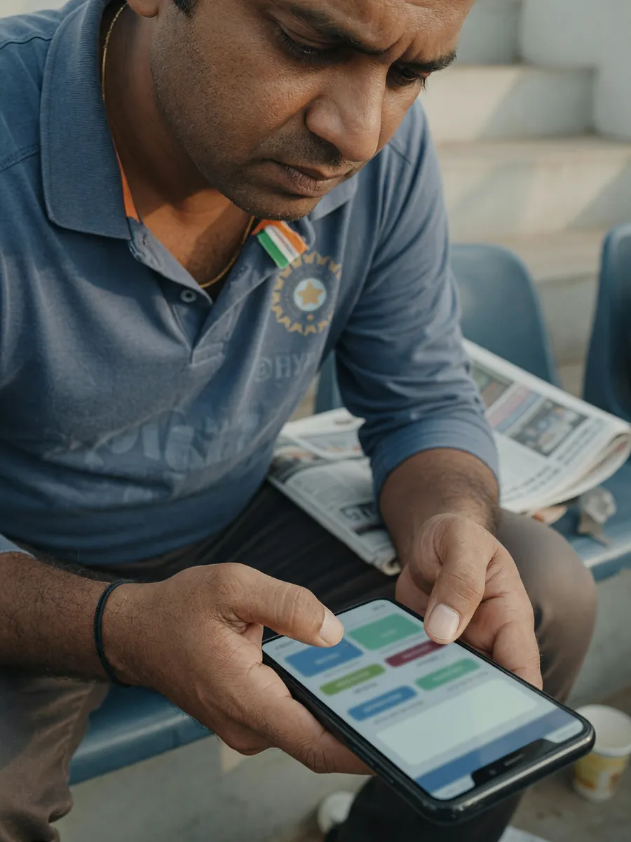 Editorial photograph of a fan considering captain and vice-captain choices in a fantasy app