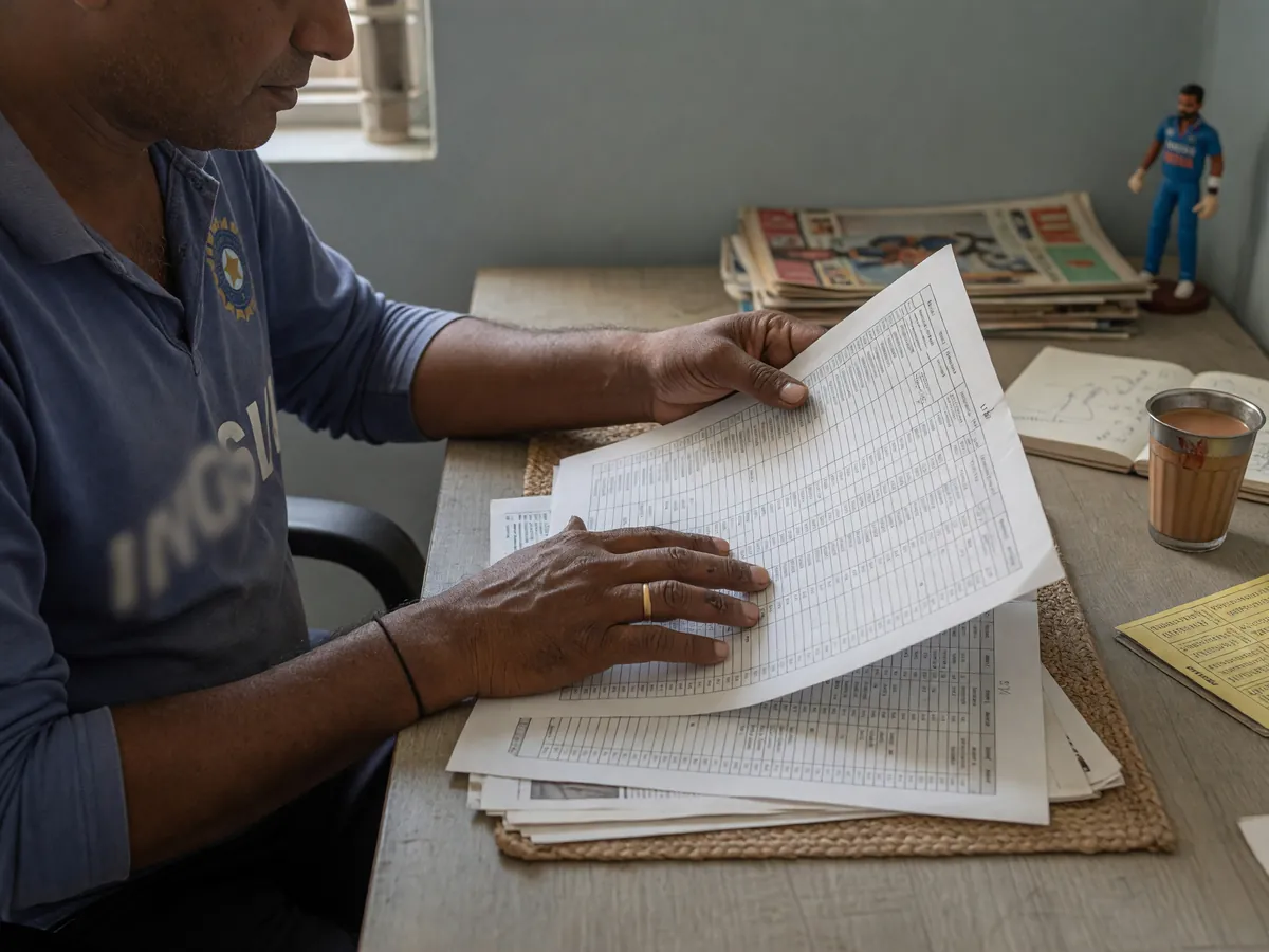 Editorial photograph of an analyst studying a printed squad depth chart on a desk