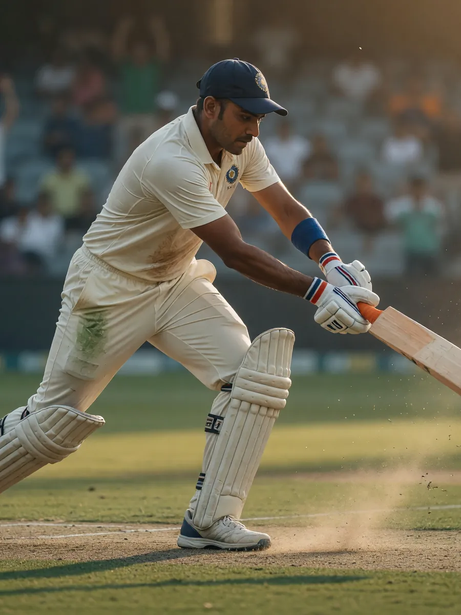 Editorial photograph of an empty Indian cricket venue pitch with a scoreboard softly in the background